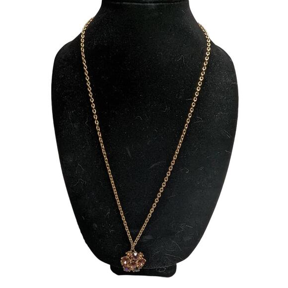 Vintage 1990s Pendant Style Gold Tone Necklace w/ Amber Rhinestones - Picture 1 of 6